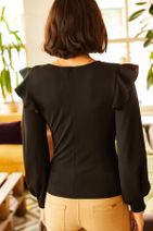 Olalook Kadın Siyah Omuz Detaylı V Yaka Slim Fit Bluz BLZ-19001079 - 6