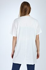 Millionaire Kadın Ekru Yırtmaçlı Basic Oversize T-shirt - 5