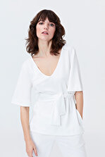 İpekyol Kadın Kırık Beyaz Kırık Kuşaklı V Yaka Bluz IS1190070053096 - 2