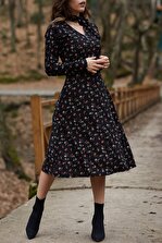 XHAN Kadın Yakası Bağlamalı Çiçek Desenli Elbise 9KXK6-40500-02 - 1