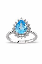 D Diamond Kadın Pırlanta Damla Blue Topaz Altın Yüzük DVS465782 - 1