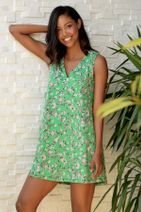 Trend Alaçatı Stili Kadın Yeşil V Yaka Çiçek Desenli Kolsuz Elbise ALC-Y2022 - 1