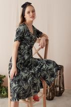 Eka Kadın Kuşaklı Astarlı Desenli Elbise-Haki-Siyah INT-0221-8081-Haki-Siyah - 6