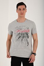 TOMMY LIFE Erkek Gri Melanj  Eskitme Çift Renk Desen Baskılı Rahat Form O Yaka T-shirt - 87959 - 3