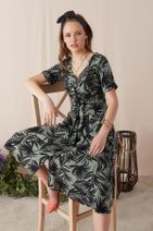 Eka Kadın Kuşaklı Astarlı Desenli Elbise-Haki-Siyah INT-0221-8081-Haki-Siyah - 8