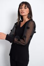 Cool & Sexy Kadın Siyah Organza Kol Ponponlu Bluz BK686 - 2