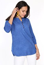 Patiska Kadın Mavi Önü Düğmeli Gömlek Bluz 4013 - 3