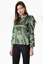 İroni Kadın Yeşil Fiyonklu Saten Bluz 3007-1350 - 1