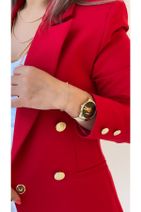 SEDA FİDAN Uzun Gold Düğmeli Blazer Ceket Kırmızı - 7