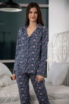 Siyah İnci Kadın Desenli Pamuklu Likralı Boydan Düğmeli Pijama Takım - 2