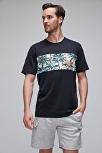 GRIMELANGE CAMERON Lacivert Yuvarlak Yakalı Yaprak Orman Tropik Baskılı T-Shirt - 1