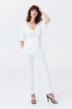 İpekyol Kadın Kırık Beyaz Kırık Kuşaklı V Yaka Bluz IS1190070053096 - 4