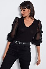 Cool & Sexy Kadın Siyah Organza Kol Ponponlu Bluz BK686 - 6