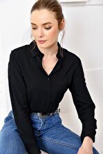 Trend Alaçatı Stili Kadın Siyah Dokuma Viscon Basıc Gömlek DNZ-3096 - 3