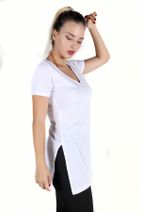 moda felinya Kadın Beyaz V Yaka Yan Yırtmaçlı Tunik Tshirt - 2