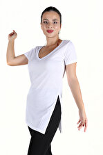 moda felinya Kadın Beyaz V Yaka Yan Yırtmaçlı Tunik Tshirt - 1