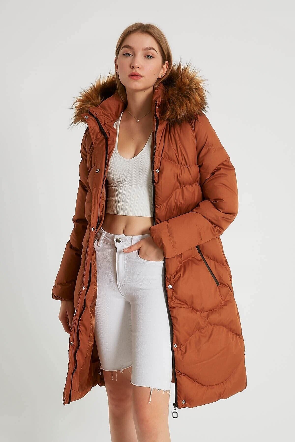 Robin Long Puffer Jacket with Hood Detail Tan Trendyol