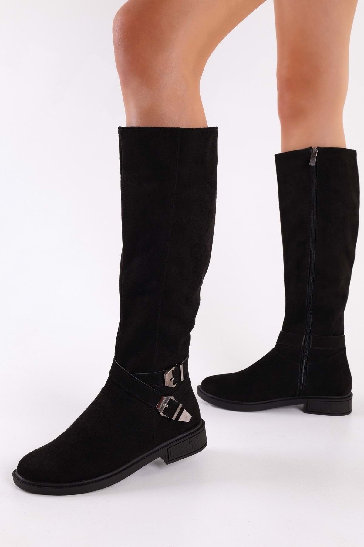Shoeberry Women s Steele Black Suede Buckle Flat Heeled Boots