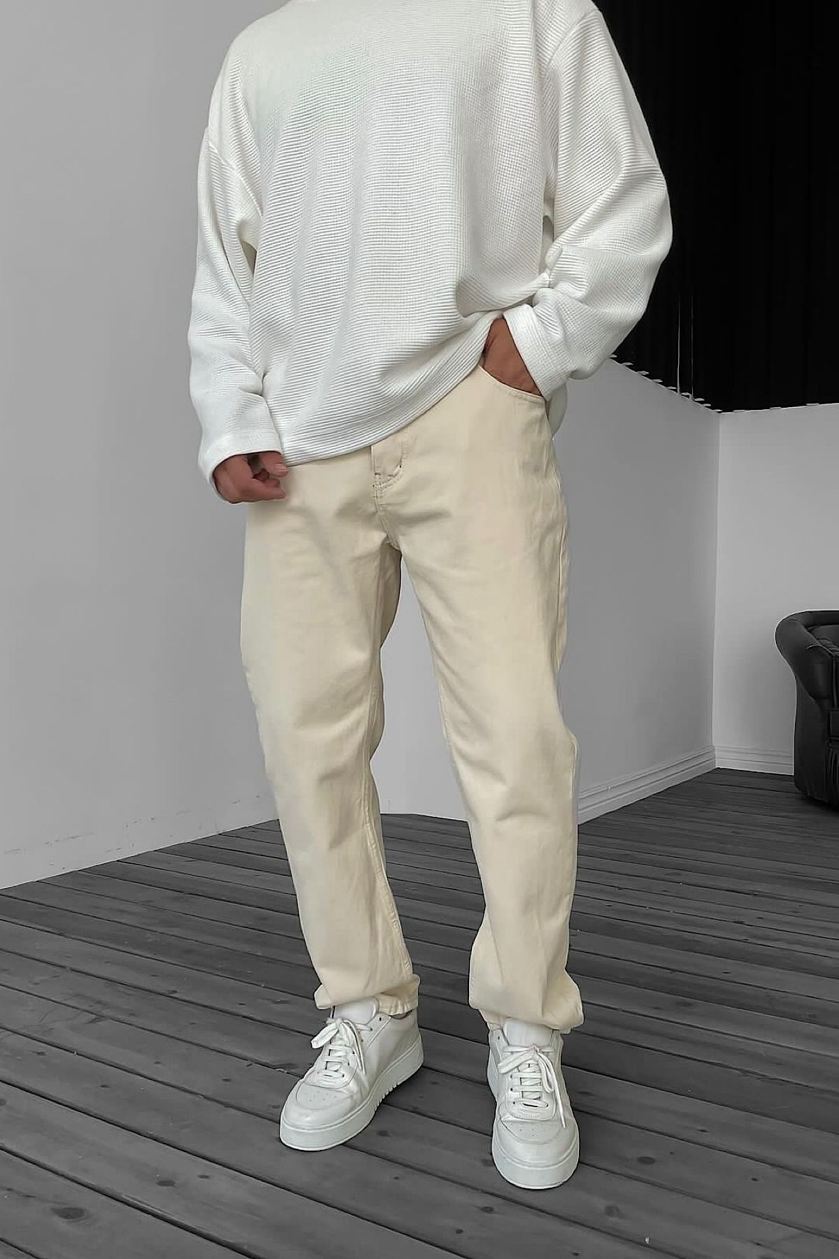 BYNO61MAN Baggy Cream Color Comfortable Fit Jeans Trendyol