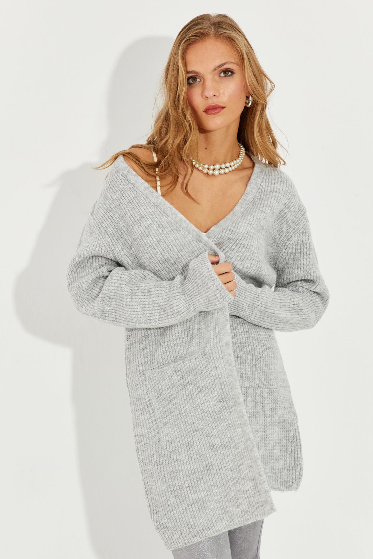 Cool Sexy Women s Gray Pocketed Long Cardigan YV209 Trendyol