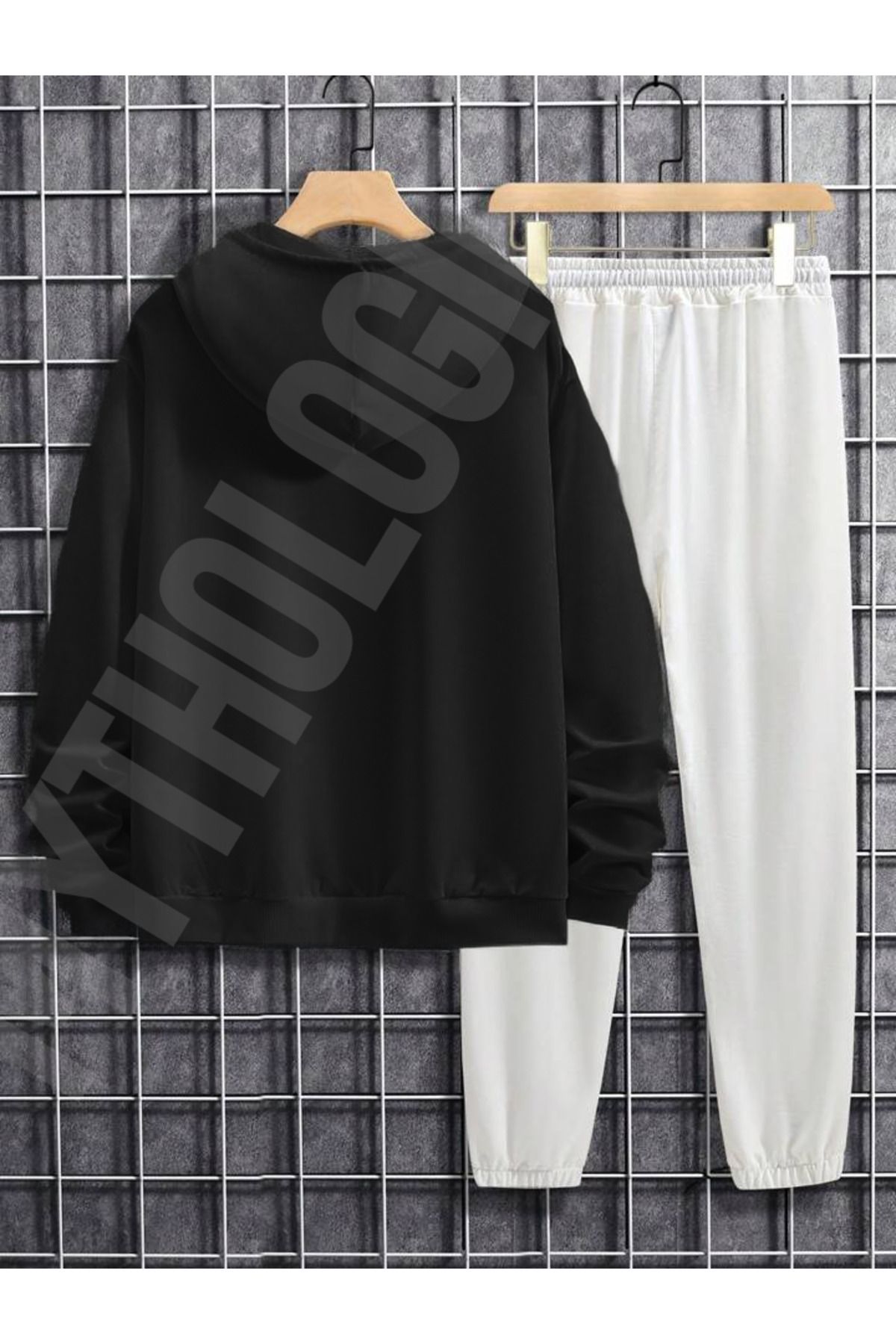Mythologie Paris Written Black Sweatshirt White Sweatpants - Printed  Elastic Leg Oversize Hoodie - Trendyol