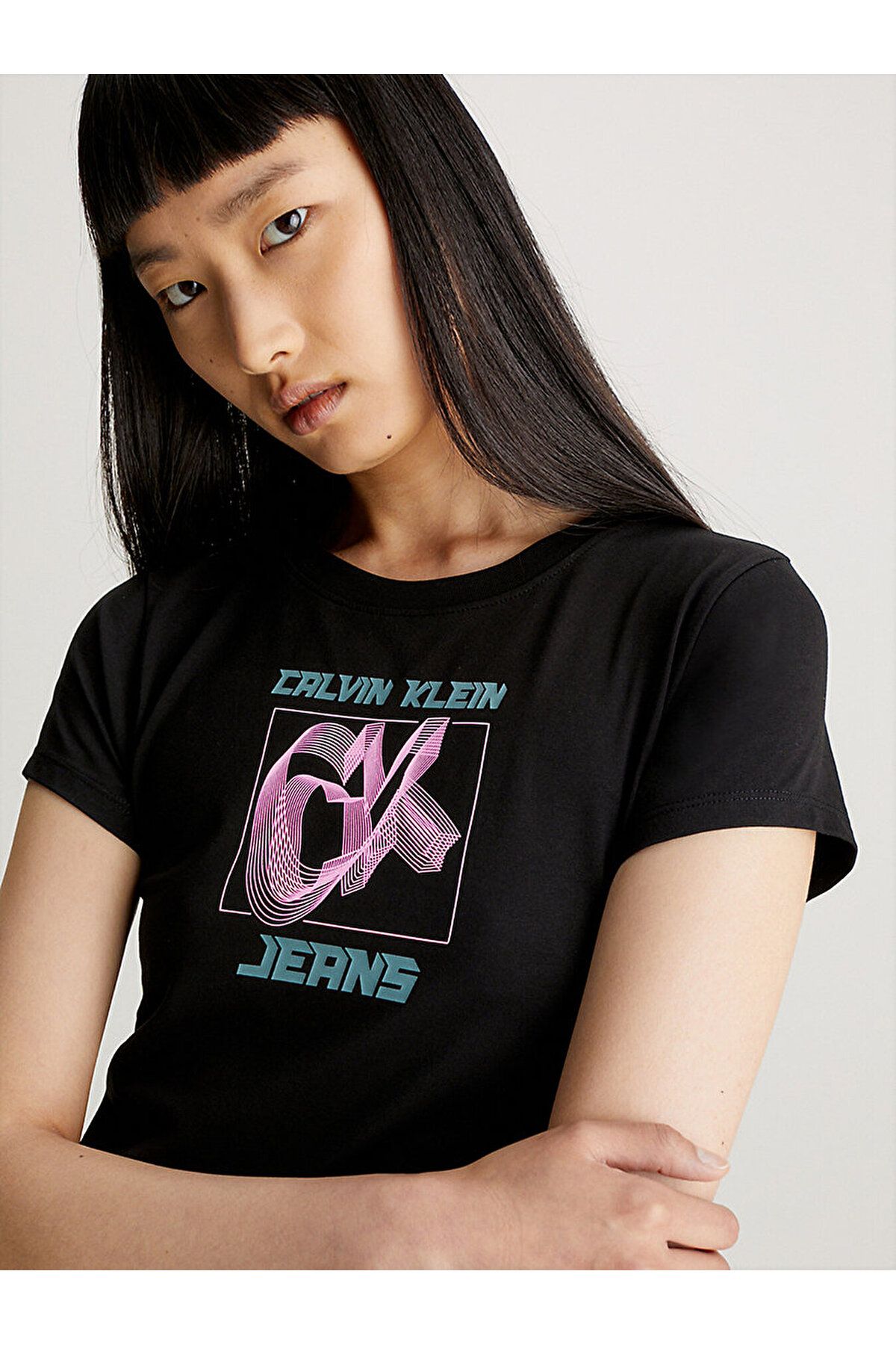 COTTON T-SHIRT WITH FRONT AND BACK LOGO Woman CK Black