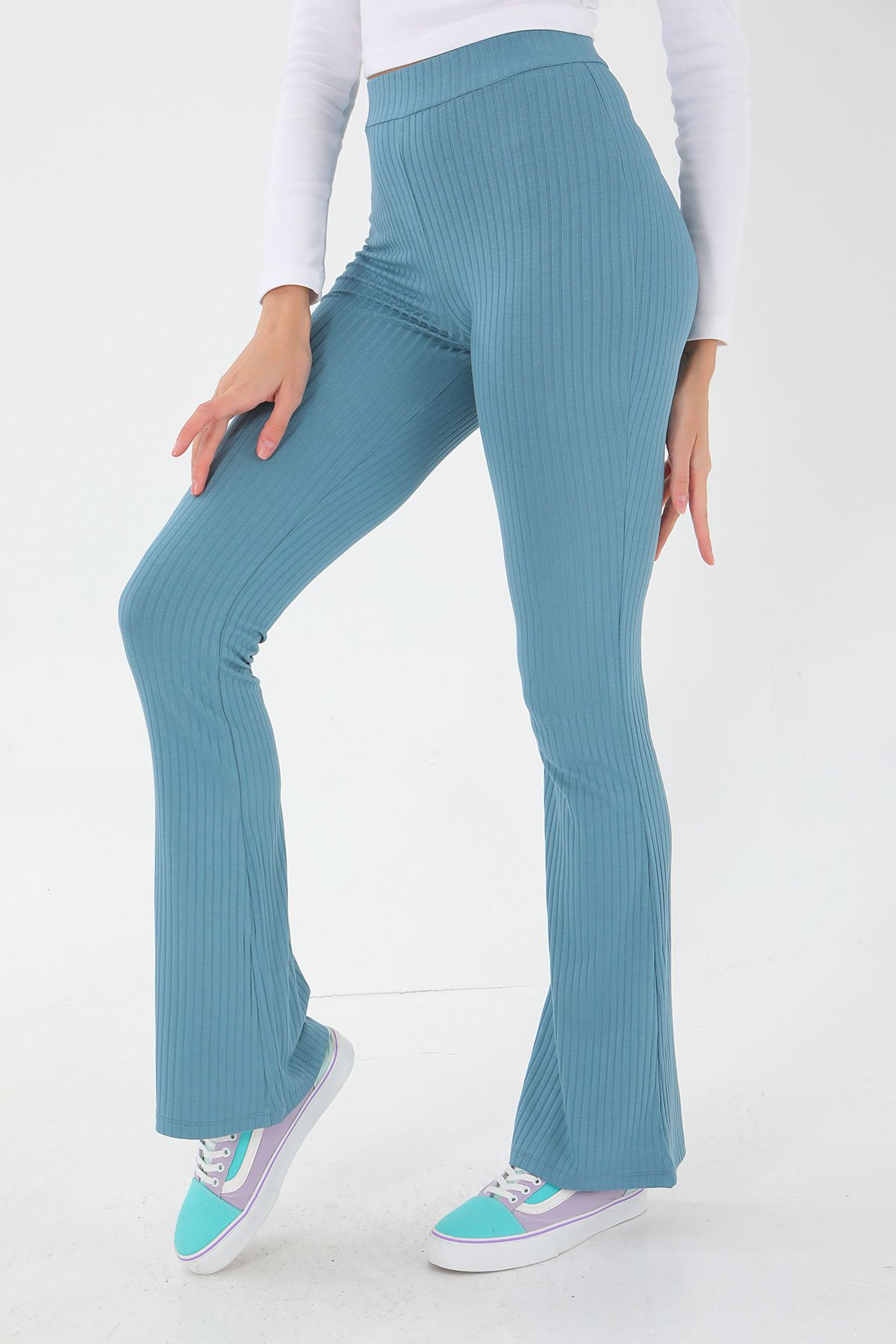ESPİNA Ribbed Report 2 Pack Flare / Flare Leg High Waist Stretchy Knitted  Leggings Trousers - Trendyol