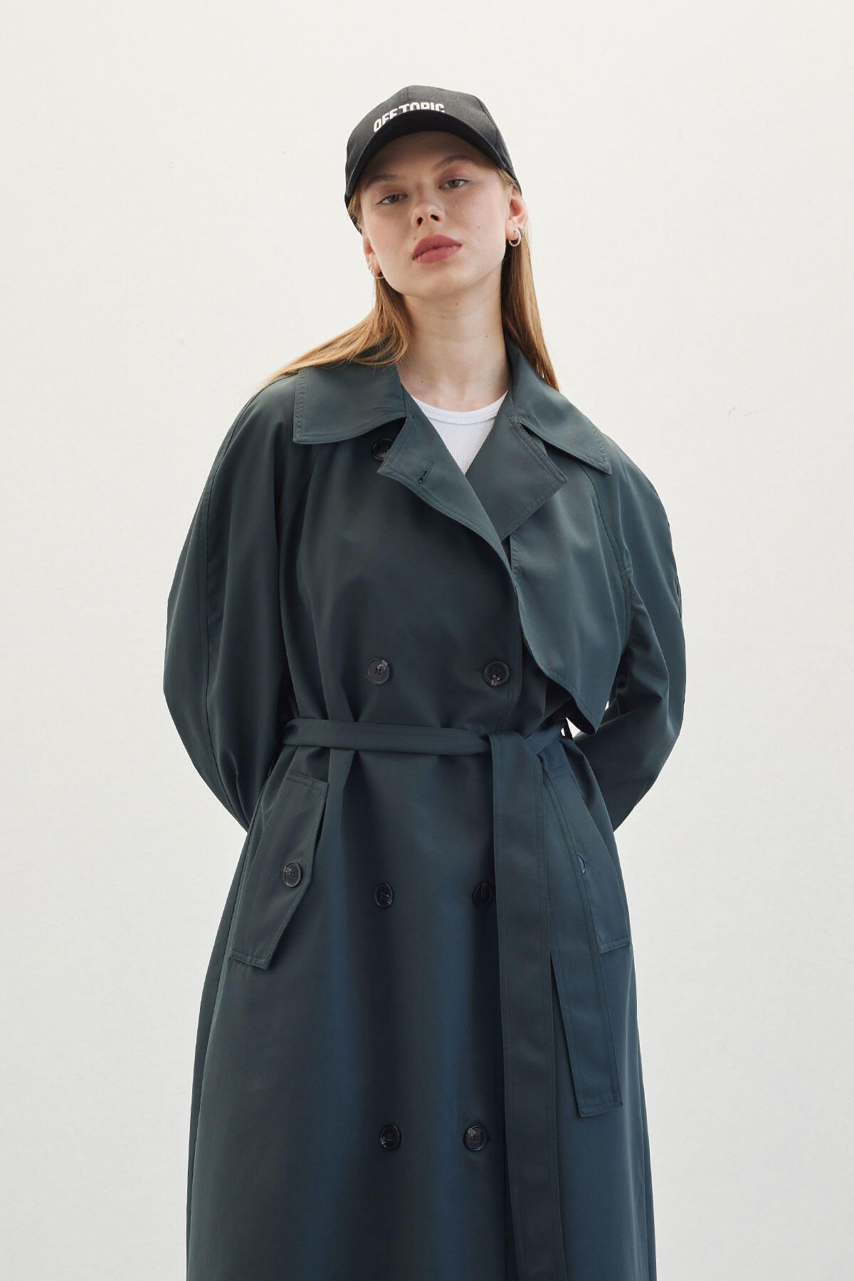 Manuka Double Breasted Trench Coat Dark Green Trendyol