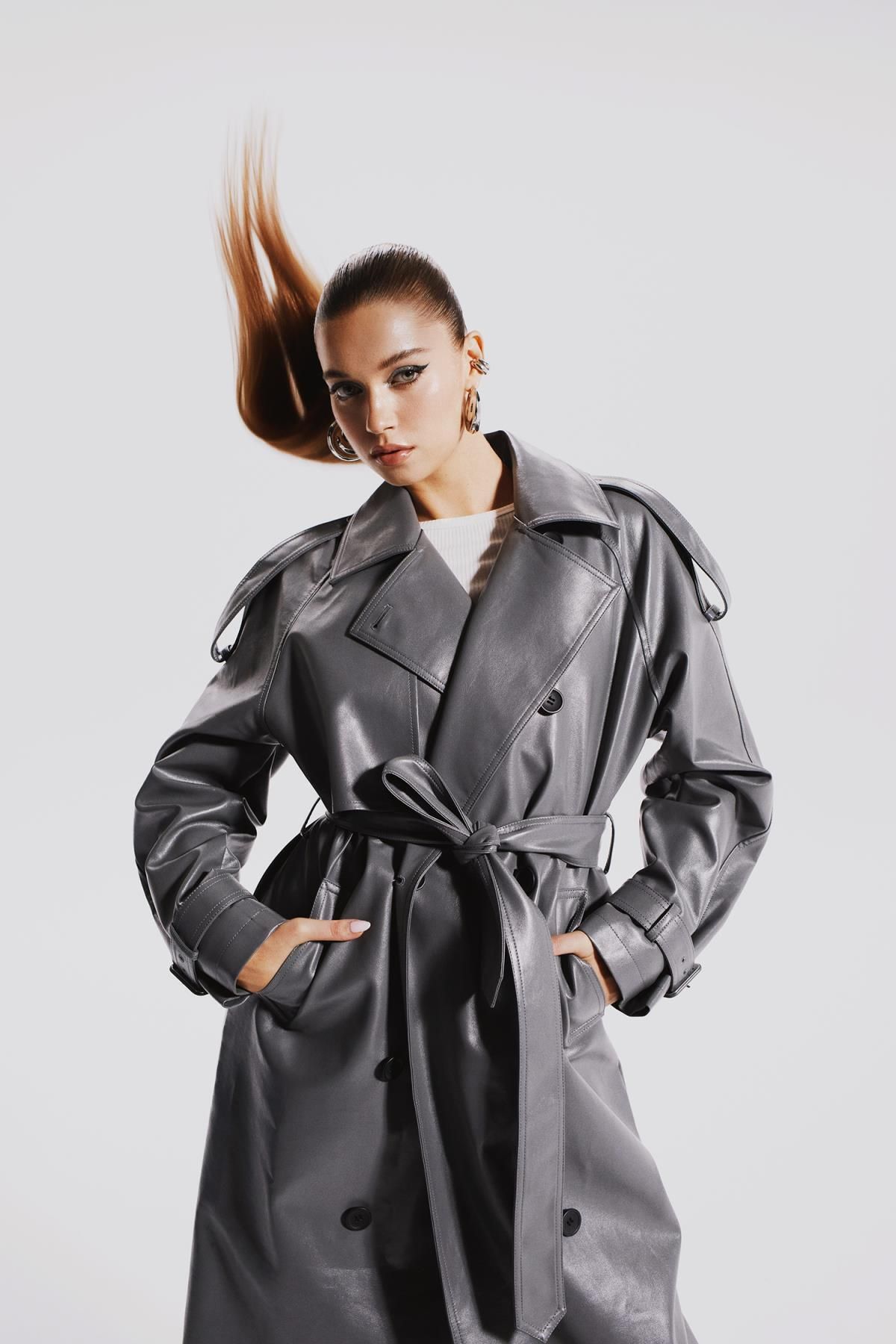 Fitted leather trench coat shop