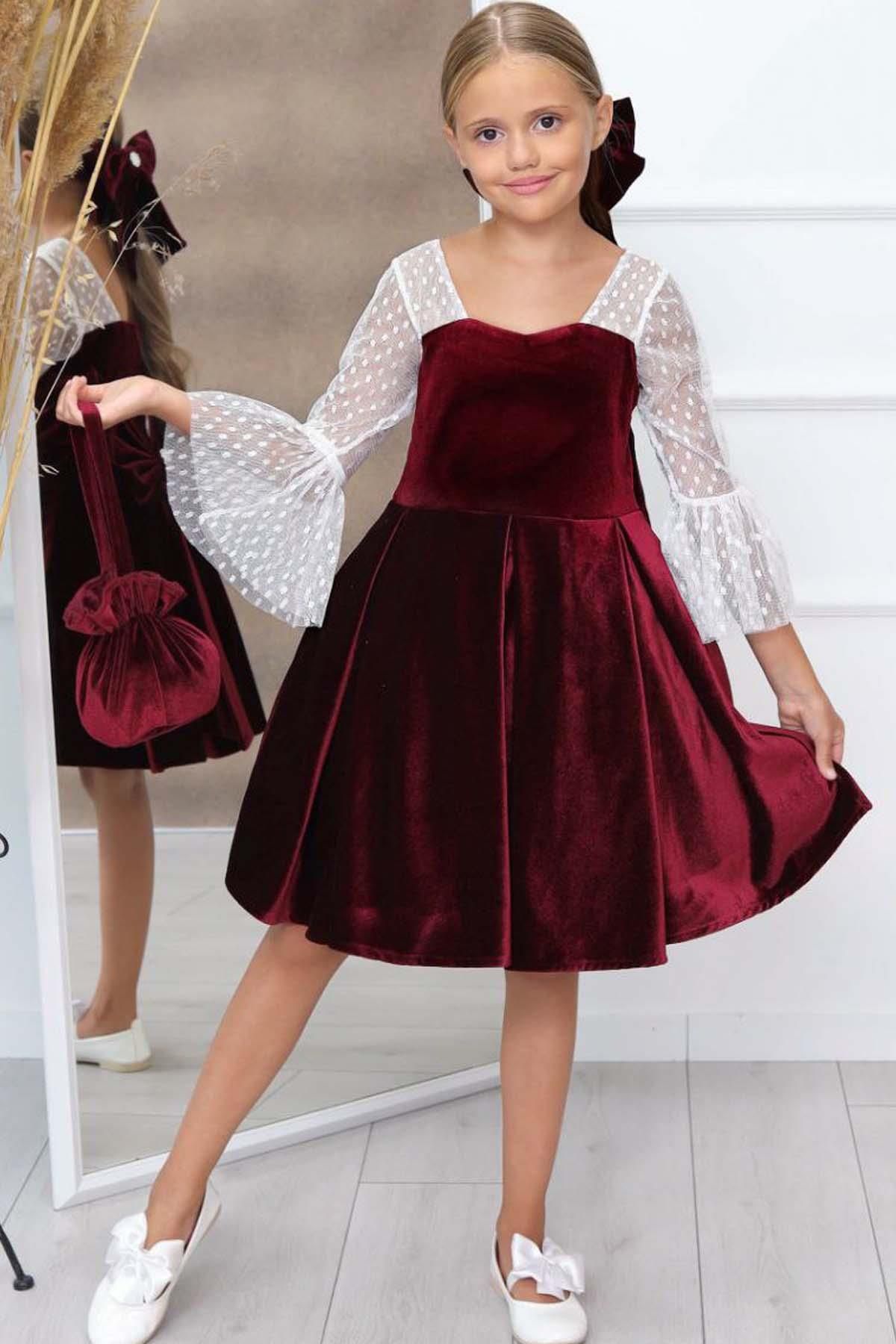 Riccotarz Girl s Burgundy Velvet Dress with Transparent Sleeves