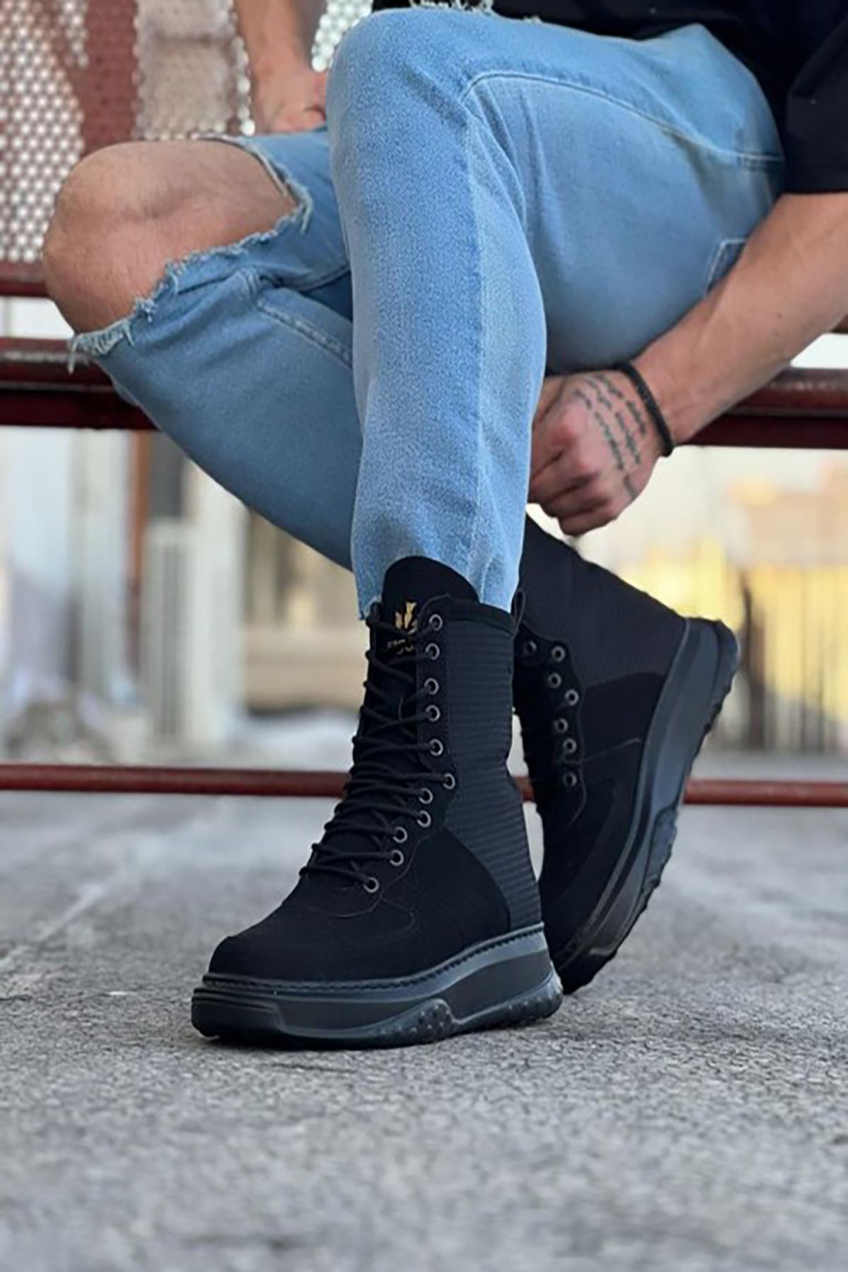 Black suede tie up boots sales