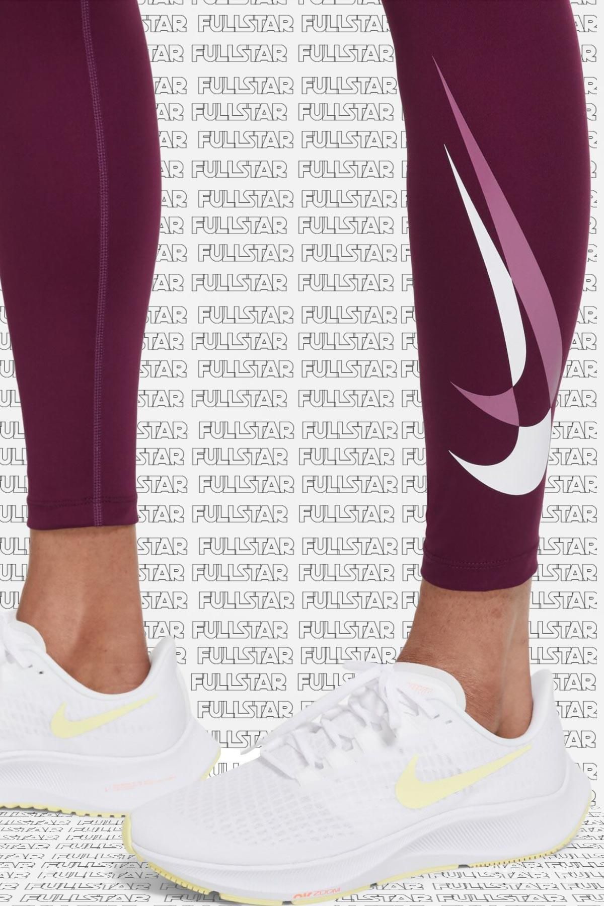 Nike One Dri Fit Big Double Swoosh Leggings, Burgundy Leggings