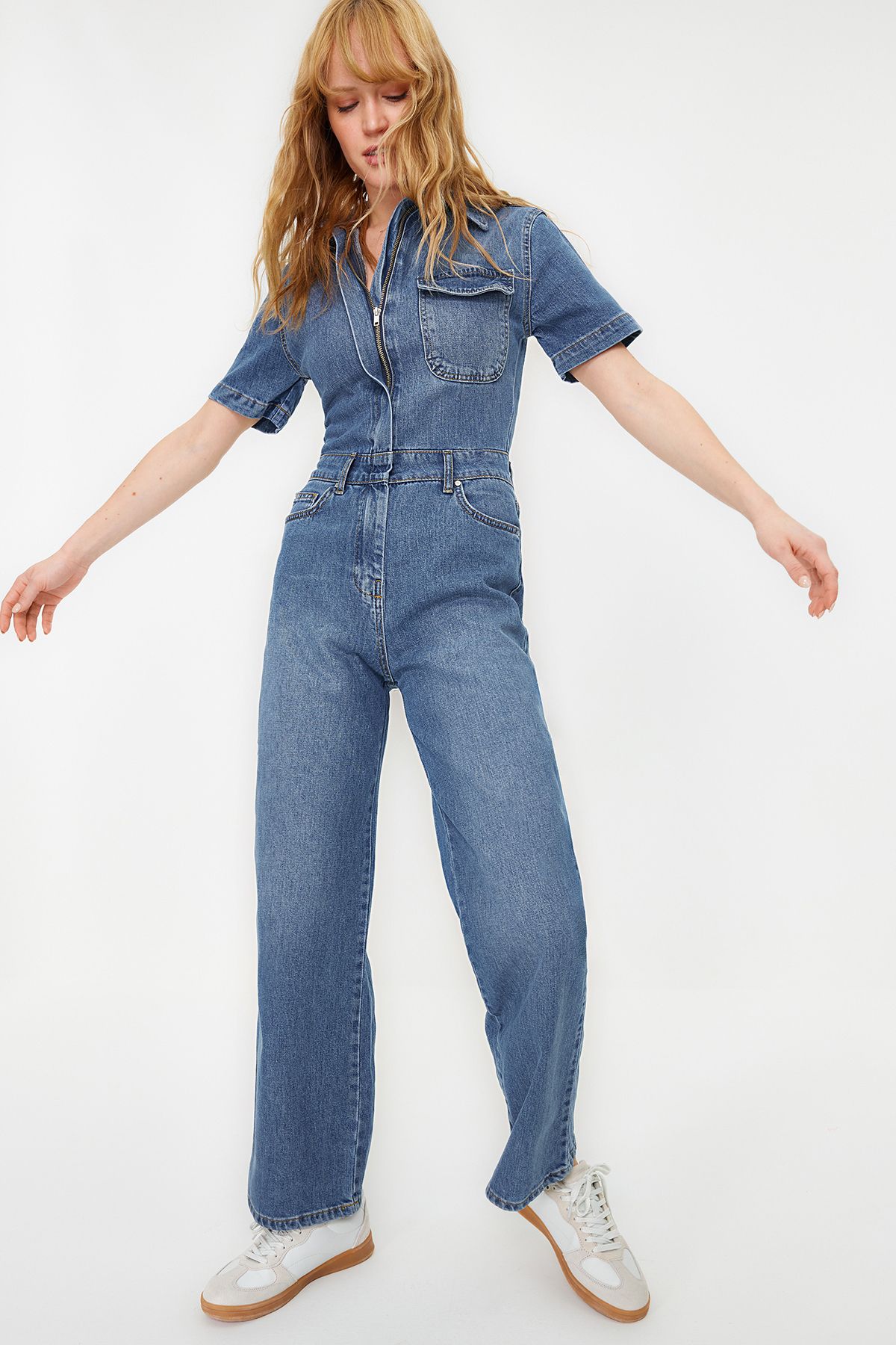 Trendyol Collection Blue Short Sleeve Denim Jumpsuit