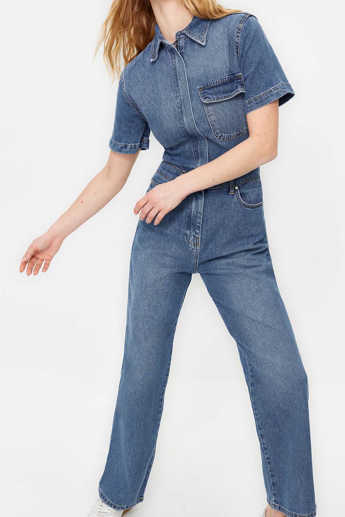 Trendyol Collection Blue Short Sleeve Denim Jumpsuit