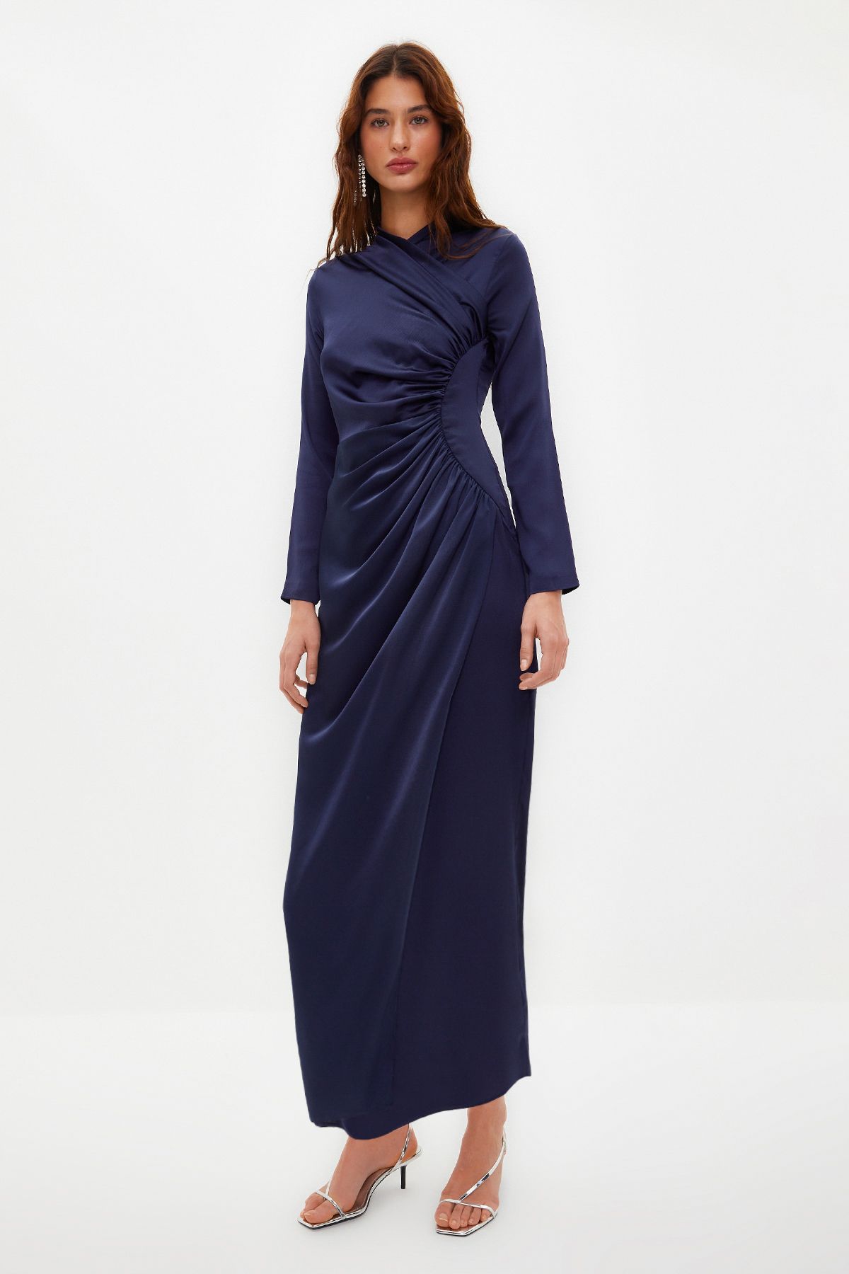 TRENDYOL MODEST Navy Blue Gather Detailed Woven Satin Evening