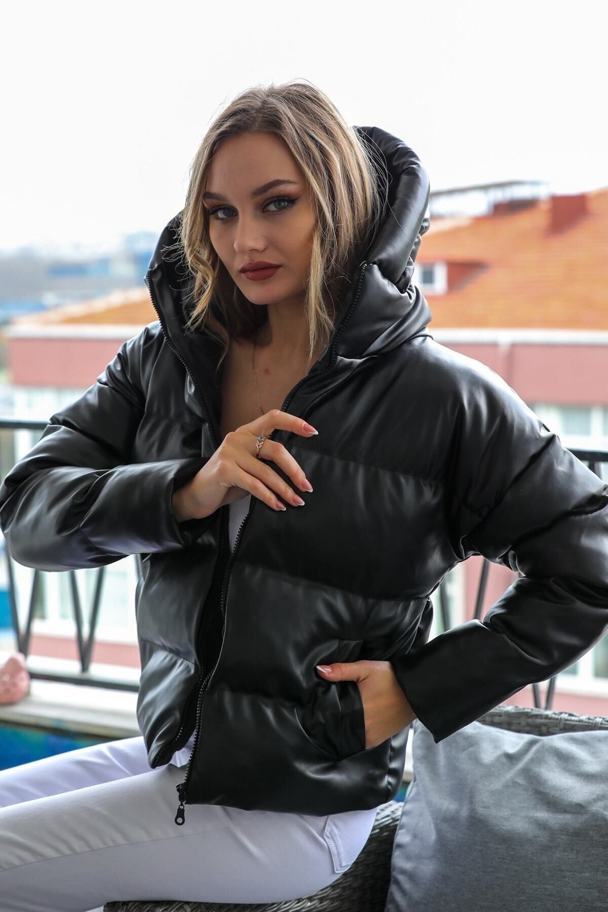 B KEL FE Women s Black Leather Hooded Puffer Coat Trendyol