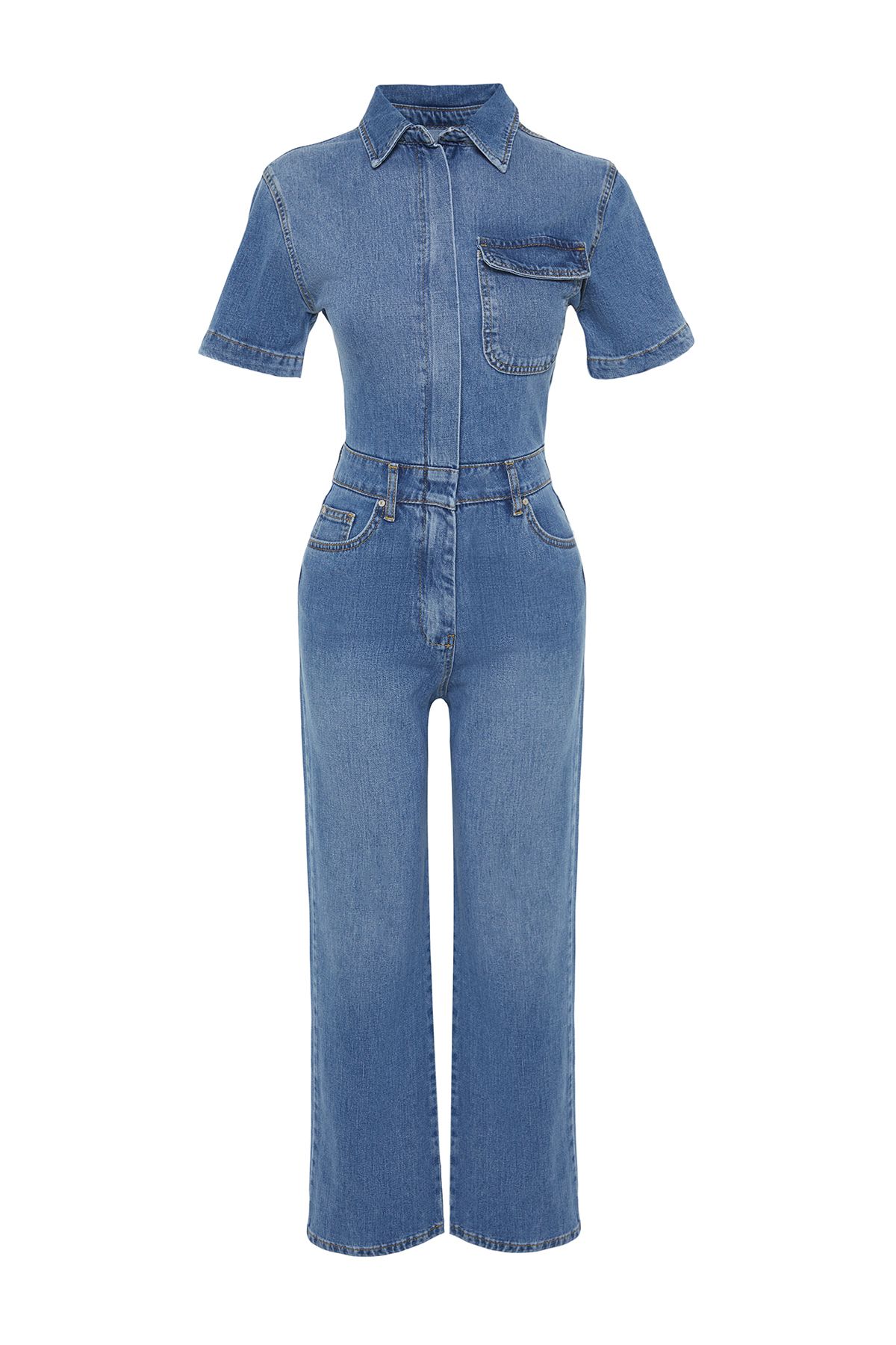 Blue short sleeve jumpsuit sales