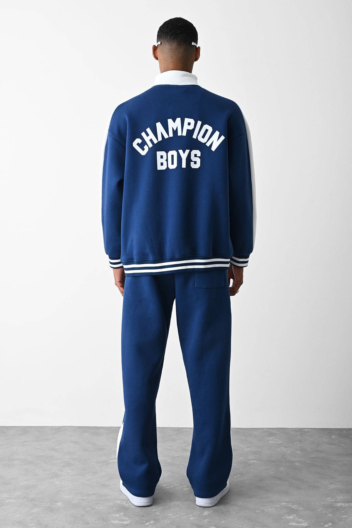 VAMOSCLO Indigo Back Printed Tracksuit with Stripe Detail Trendyol