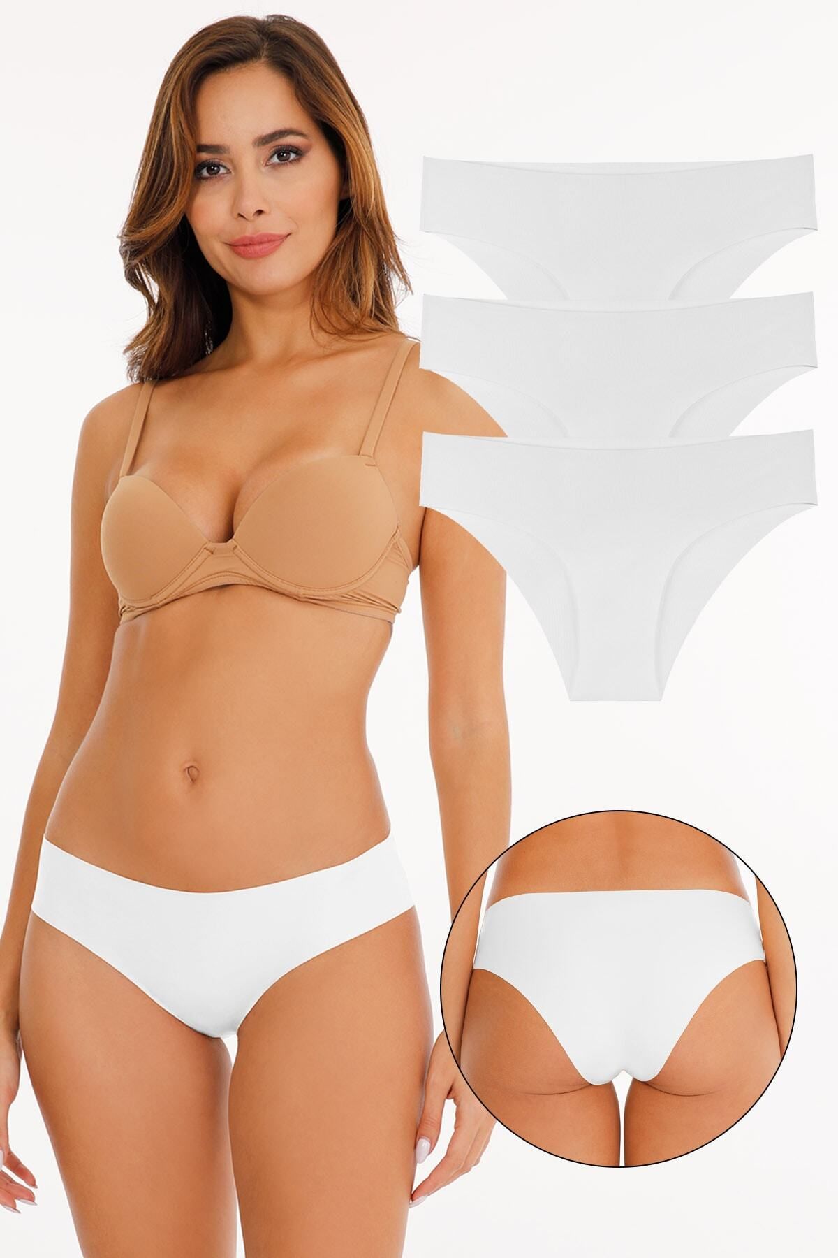 3 Women's Laser Cut Seamless Brief High Waist Panties Underwear Beige Nude  M L