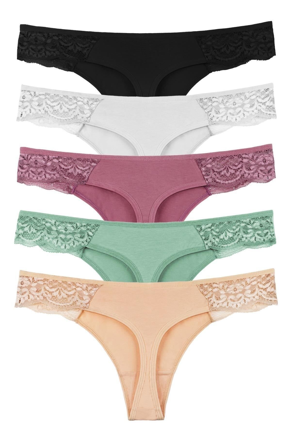 Sensu Women's Lace Detailed Thong 5-Piece Panties Set - Kts2075 (WIDE SIZE)  - Trendyol