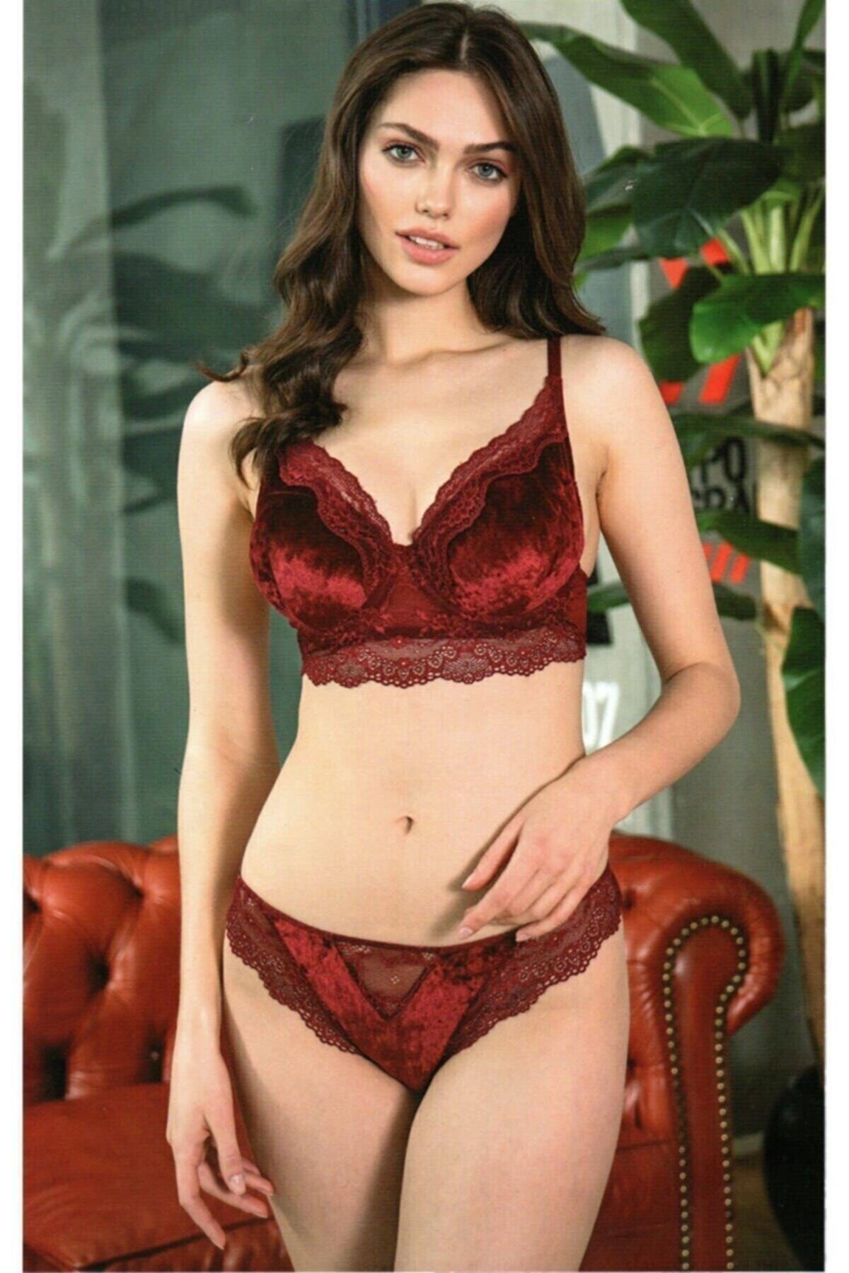 Anıl Women's Velvet Bra Slip Set Claret Red 4805 - Trendyol