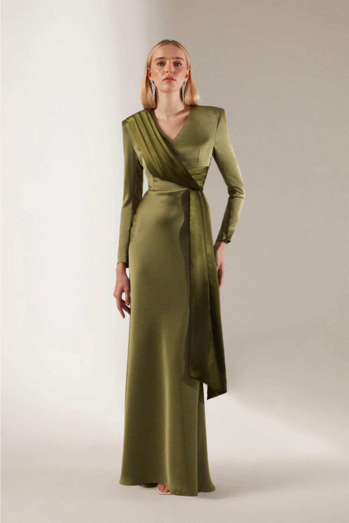 Betty Sam Khaki Satin Evening Dress with V Neck Shawl Trendyol