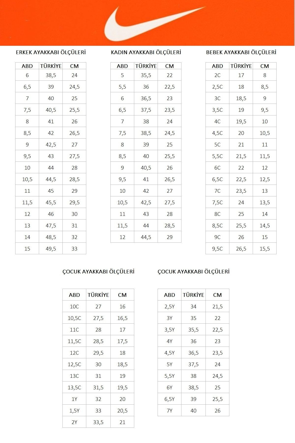 Size chart 2025 nike tanjun