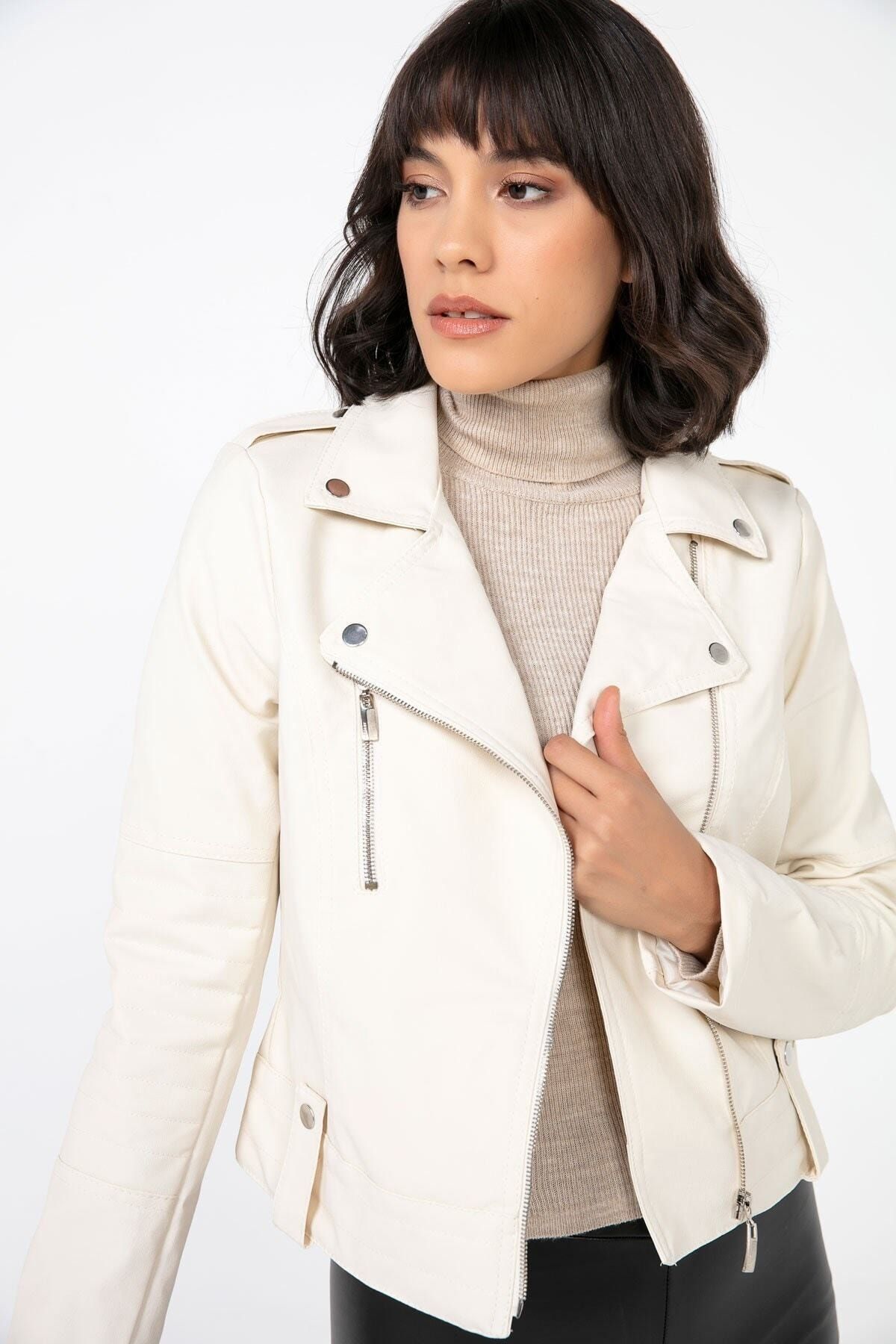 hazelin Women s Ecru Short Faux Leather Lined Biker Jacket Trendyol