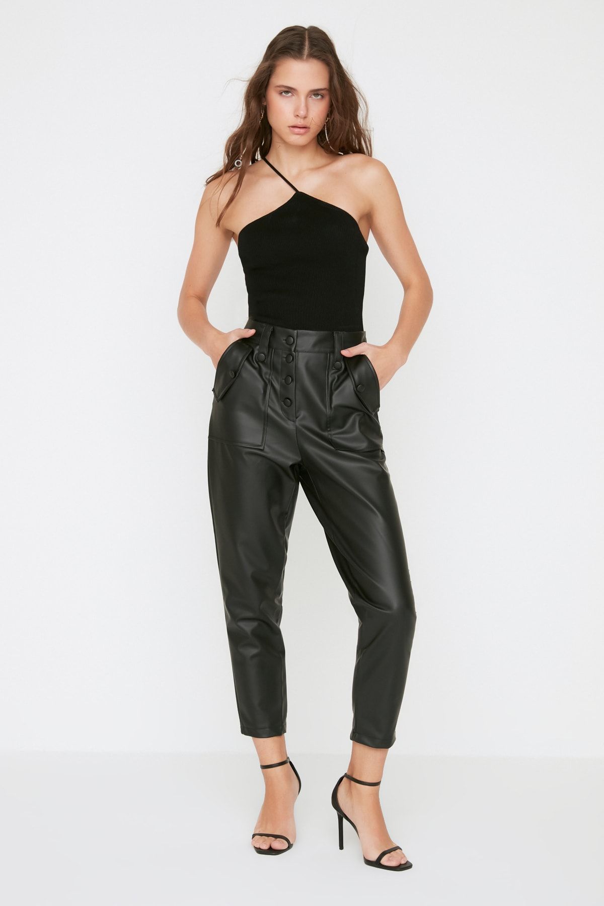 Buy Trendyol Mink Limited Edition Black Carrot Woven Faux Leather Trousers  With Buttons In The Front Online