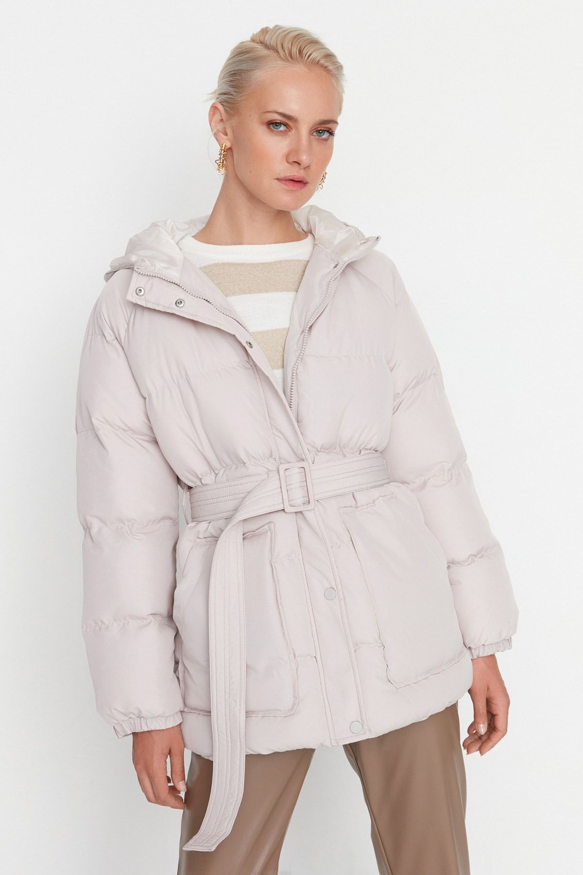 Trendyol Collection Gray Oversize Belted Hooded Puffer Coat