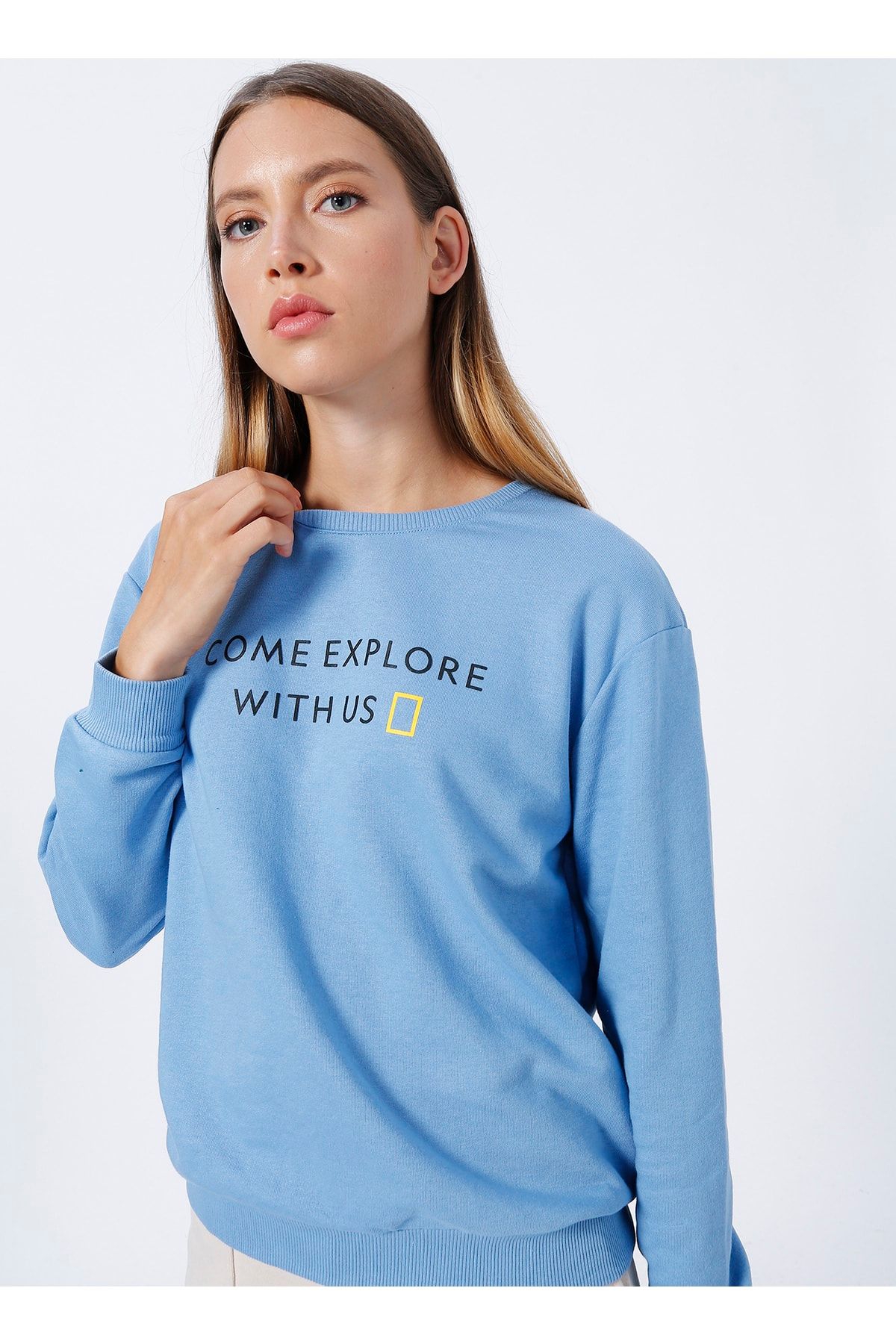 National Geographic Crew Neck Printed Blue Women s Sweatshirt C w