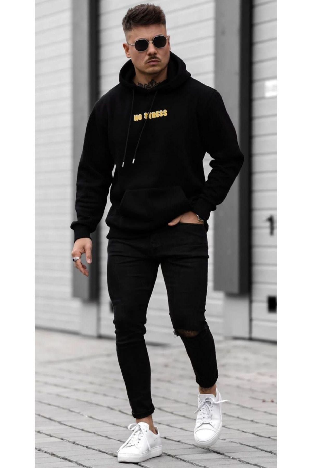 Black Sokak Men s Black No Stress Printed Oversize Hooded