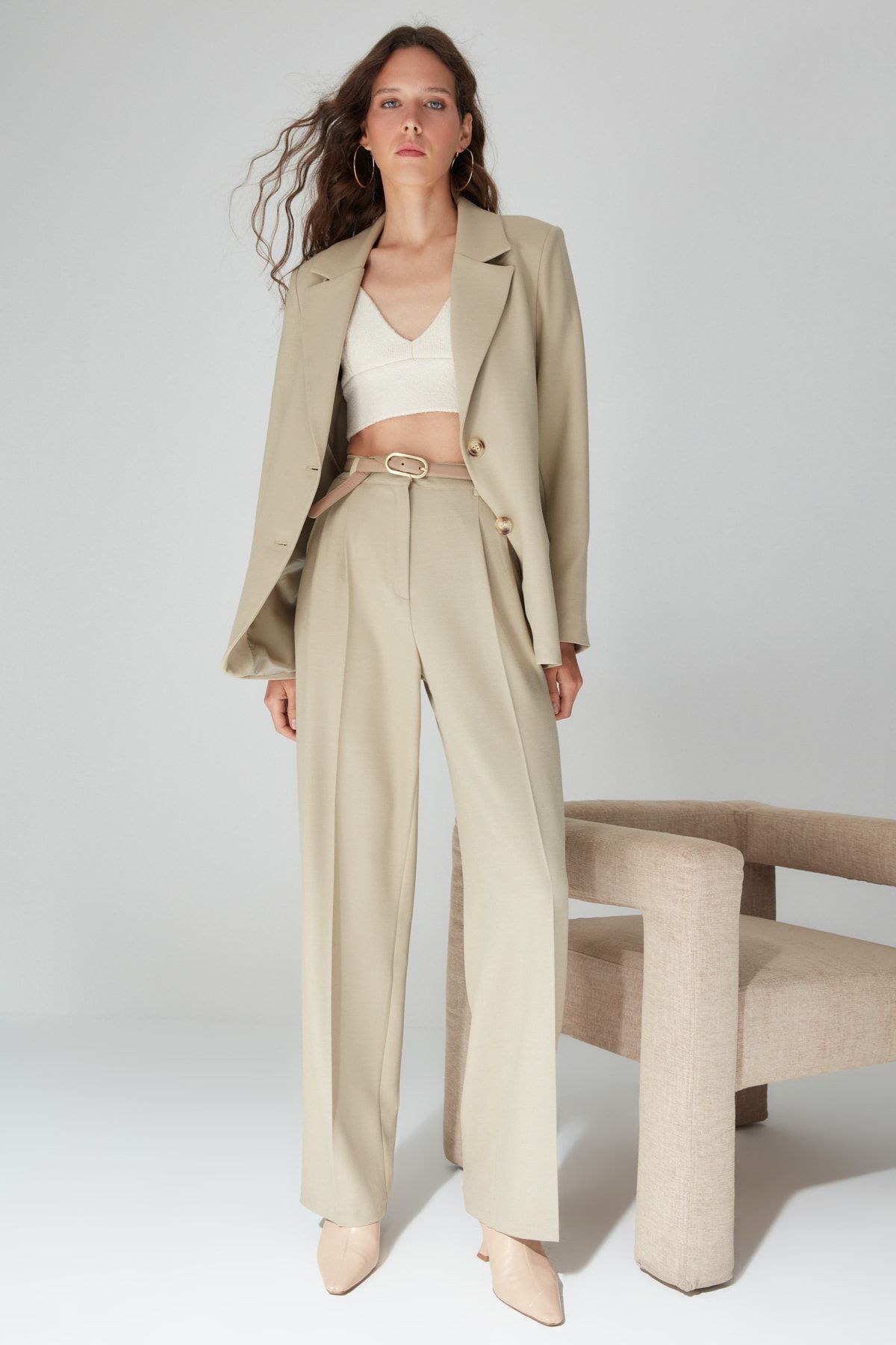 Trendyol Collection Beige Cigarette Woven Faux Leather Trousers  TWOAW22PL0290 - Trendyol