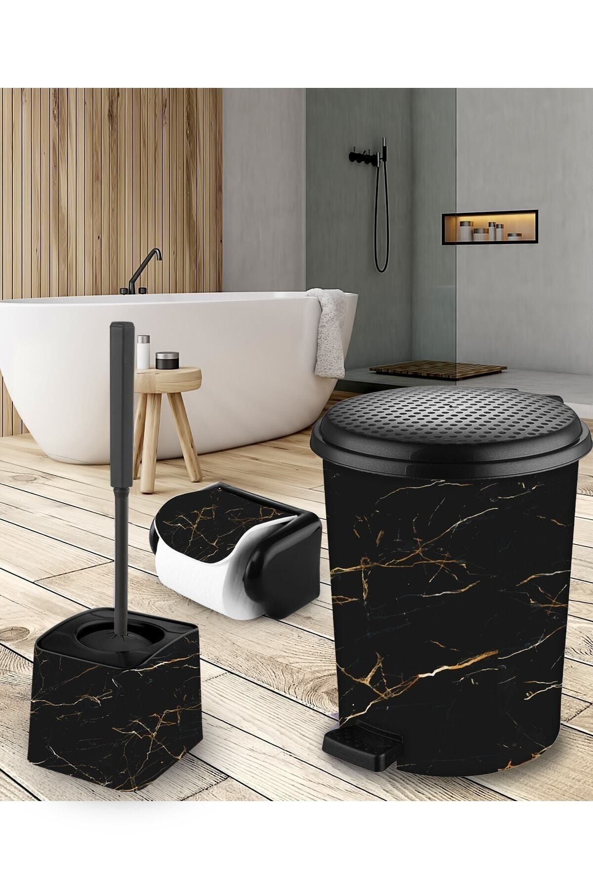 Elif Plastic Granite Patterned Bathroom Set 7 Lt Trash Can Toilet Brush Toilet Paper Holder